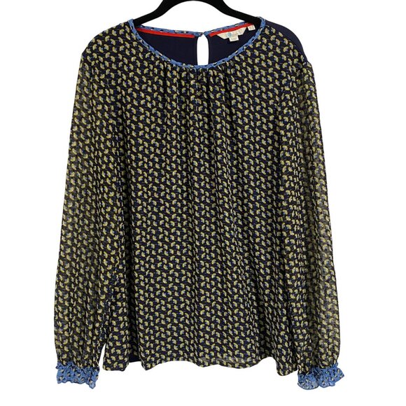 Boden Mixed Media Blue Floral Long‎ Sleeve Blouse Size 14 - Picture 1 of 8